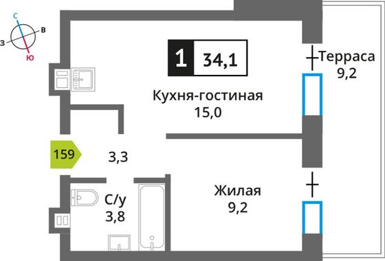 Продажа 1-комнатной квартиры 34,1 м², 1/9 этаж