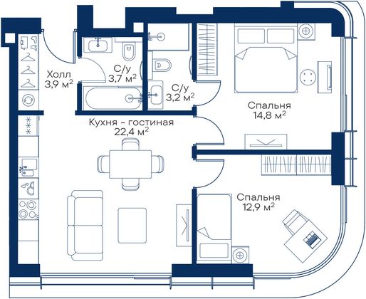 Продажа 2-комнатной квартиры 60,9 м², 16/53 этаж