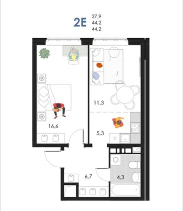44,2 м², 2-комн. квартира, 2/6 этаж