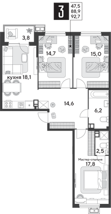 Продажа 3-комнатной квартиры 92,7 м², 4/9 этаж