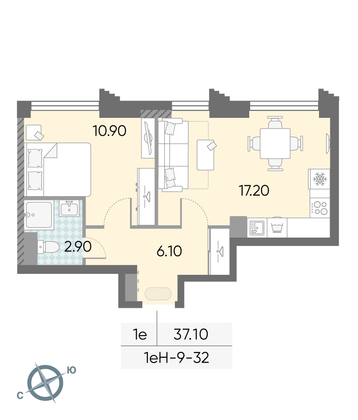 Продажа 1-комнатной квартиры 37,1 м², 32/58 этаж