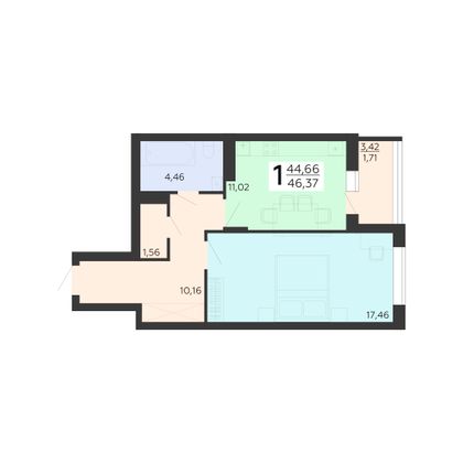 Продажа 1-комнатной квартиры 46,4 м², 7/18 этаж