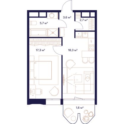 49,3 м², 1-комн. квартира, 19/23 этаж