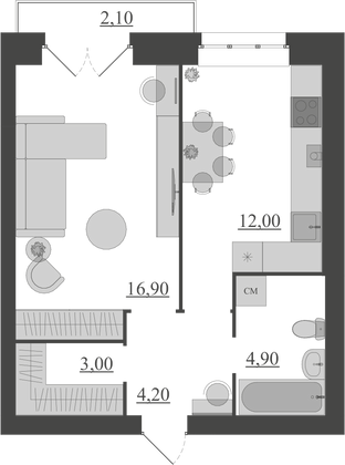 Продажа 1-комнатной квартиры 43,1 м², 6/6 этаж