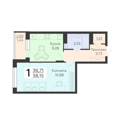 Продажа 1-комнатной квартиры 38,2 м², 9/19 этаж
