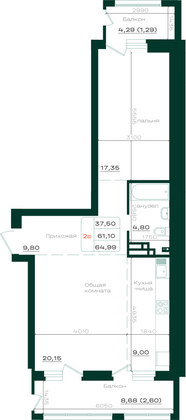 Продажа 2-комнатной квартиры 65 м², 5/21 этаж