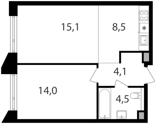 Продажа 1-комнатной квартиры 46,2 м², 5/15 этаж