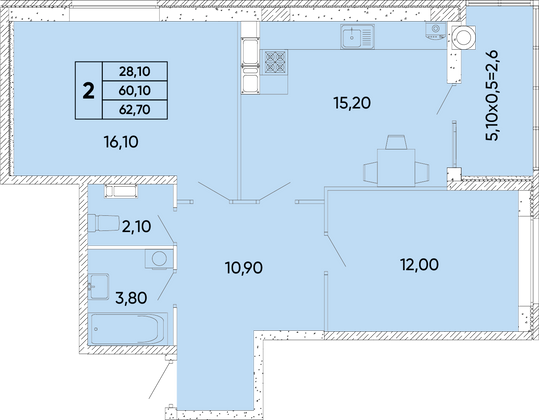 62,7 м², 2-комн. квартира, 13/18 этаж