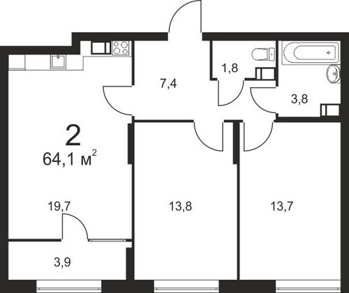 Продажа 2-комнатной квартиры 64,1 м², 13/25 этаж