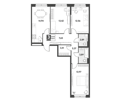 Продажа 3-комнатной квартиры 78,1 м², 17/25 этаж