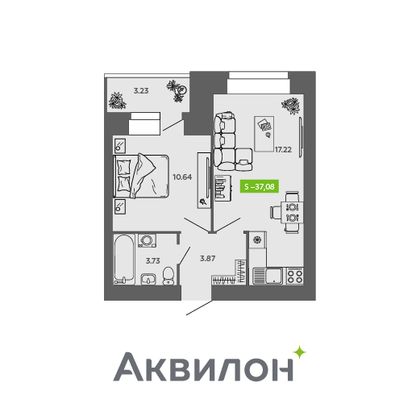 37,1 м², 1-комн. квартира, 4/9 этаж