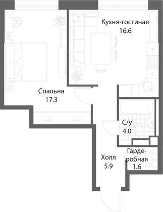 Продажа 1-комнатной квартиры 45,4 м², 14/35 этаж