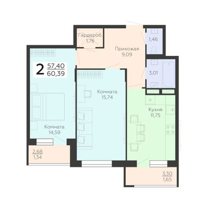 Продажа 2-комнатной квартиры 60,4 м², 9/19 этаж