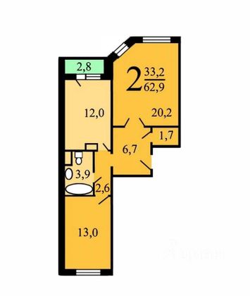 Продажа 2-комнатной квартиры 62,9 м², 12/14 этаж