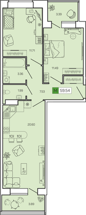 59,5 м², 2-комн. квартира, 3/16 этаж