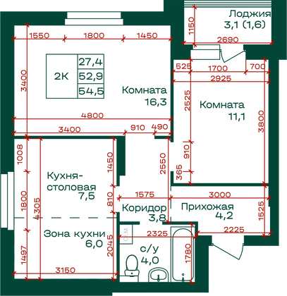 Продажа 2-комнатной квартиры 56 м², 2/8 этаж