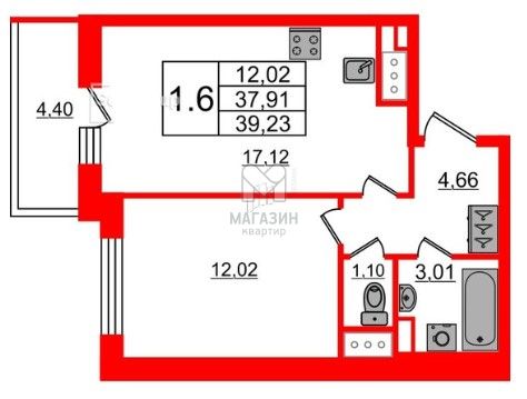 Продажа 1-комнатной квартиры 39,2 м², 7/10 этаж