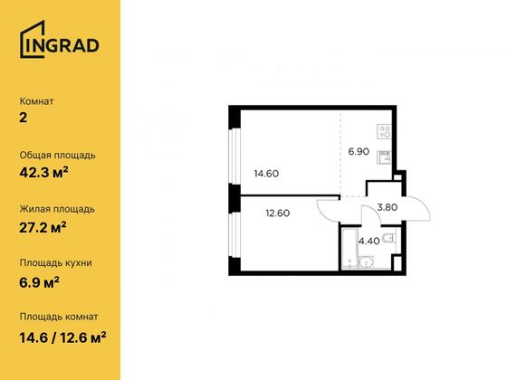 42,3 м², 2-комн. квартира, 7/17 этаж