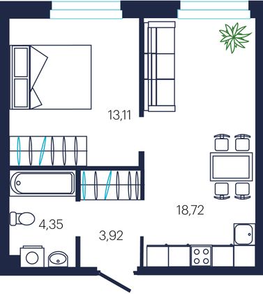 40,1 м², 1-комн. квартира, 15/19 этаж