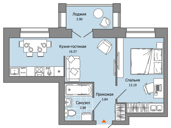 39 м², 2-комн. квартира, 4/8 этаж