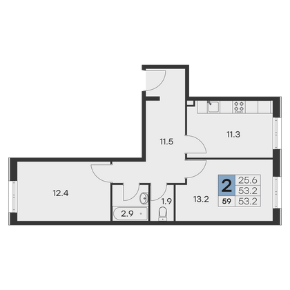 53,2 м², 2-комн. квартира, 1/9 этаж