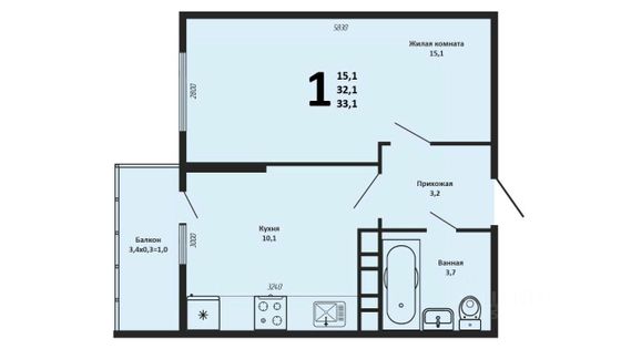 Продажа 1-комнатной квартиры 32,7 м², 3/16 этаж