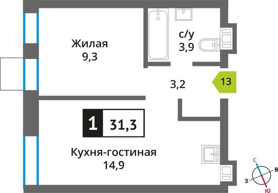 Продажа 1-комнатной квартиры 31,3 м², 3/9 этаж
