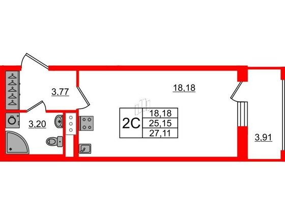 Продажа квартиры-студии 25,1 м², 3/14 этаж