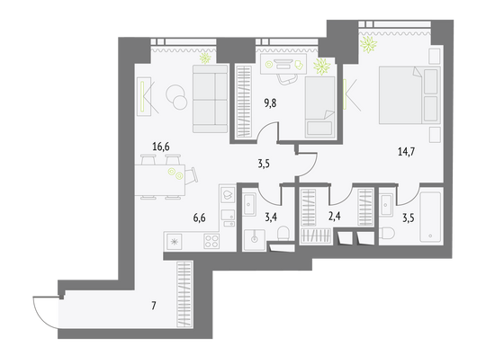 67,5 м², 2-комн. квартира, 16/55 этаж