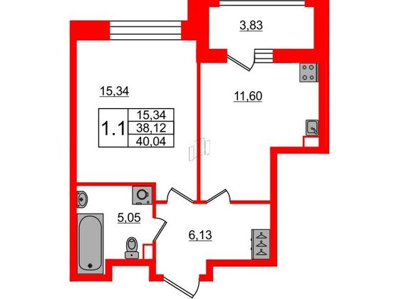 Продажа 1-комнатной квартиры 38,1 м², 2/23 этаж