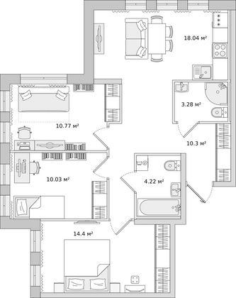 69,6 м², 3-комн. квартира, 2/17 этаж