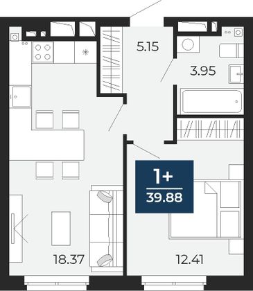 39,9 м², 1-комн. квартира, 20/24 этаж