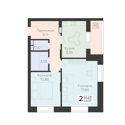 Продажа 2-комнатной квартиры 54,4 м², 9/18 этаж