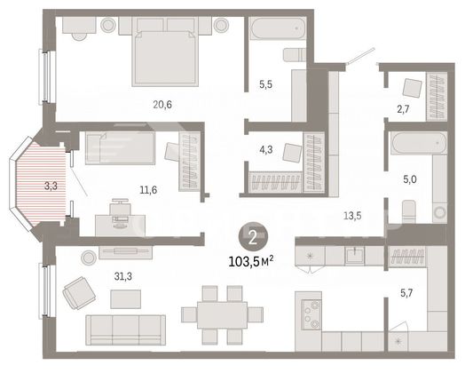 Продажа 3-комнатной квартиры 103,5 м², 5/16 этаж