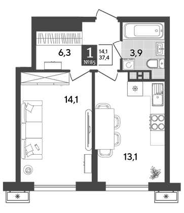 Продажа 1-комнатной квартиры 37,4 м², 5/18 этаж