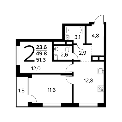 51,3 м², 2-комн. квартира, 2/14 этаж