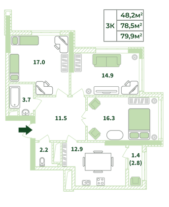 79,9 м², 3-комн. квартира, 15/22 этаж