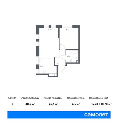 40,6 м², 1-комн. квартира, 6/14 этаж