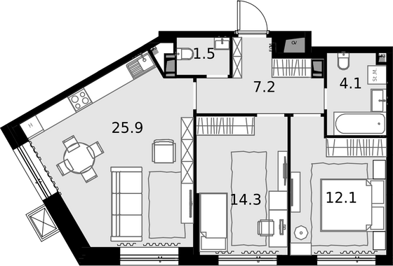 65,1 м², 2-комн. квартира, 24/28 этаж