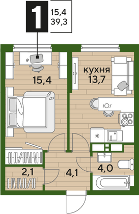 Продажа 1-комнатной квартиры 39,3 м², 10/16 этаж