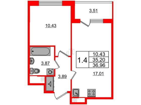 Продажа 1-комнатной квартиры 35,2 м², 3/4 этаж