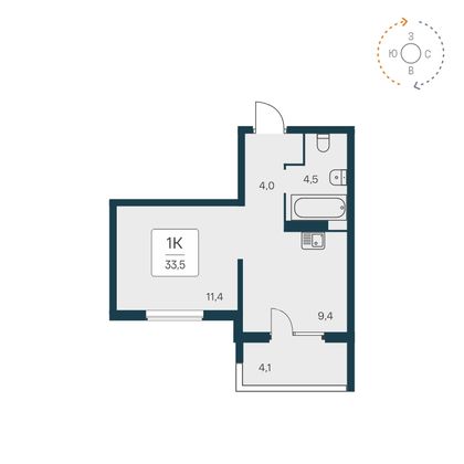 33,3 м², 1-комн. квартира, 16/17 этаж