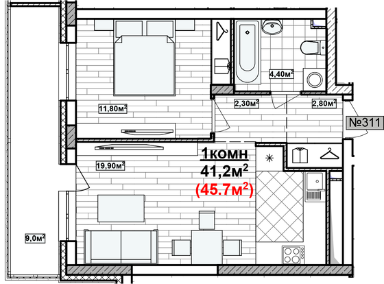 Продажа 1-комнатной квартиры 45,7 м², 14/19 этаж