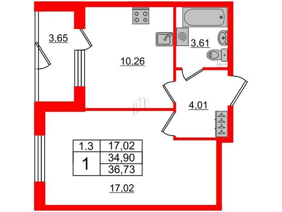 Продажа 1-комнатной квартиры 34,9 м², 1/5 этаж