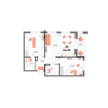 64,5 м², 2-комн. квартира, 1/13 этаж