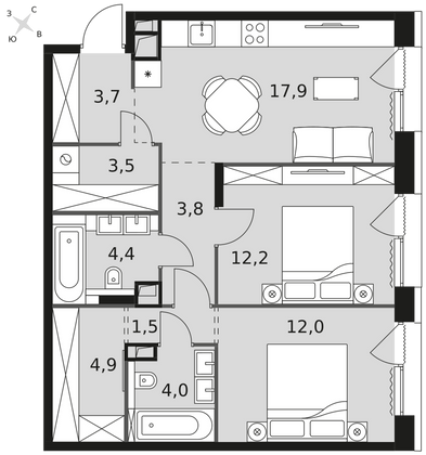 67,9 м², 2-комн. квартира, 2/16 этаж