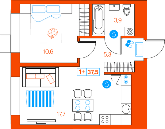 37,5 м², 1-комн. квартира, 20/21 этаж