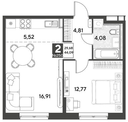 Продажа 2-комнатной квартиры 44,1 м², 9/25 этаж