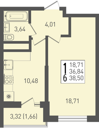 38,5 м², 1-комн. квартира, 19/22 этаж