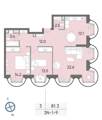 81,3 м², 3-комн. квартира, 9/16 этаж